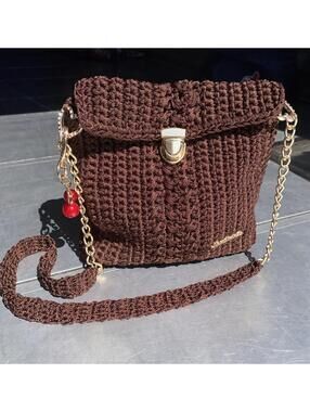 Handmade In Cabo Coffee Brown Crochet Purse W/ Gold Heart Chain & Cherry Charm